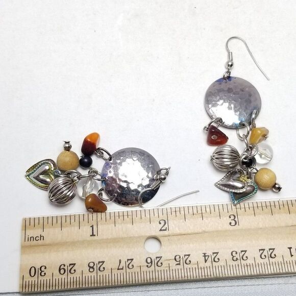 Vintage Boho Dangle Beaded Fringe Earrings, Silver Tone, Hammered Finished - Picture 4 of 6
